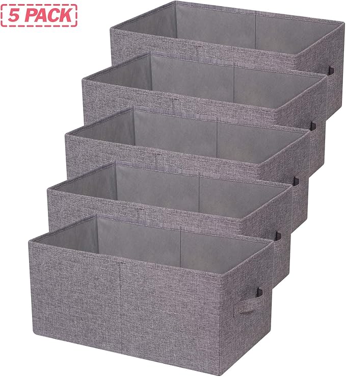 Set of 5 Closet Organizer Bins with Handle, Fabric Foldable Storage Baskets Cloth Box Containers for Shelves Home Office Clothes Clothing, Gray, Jumbo