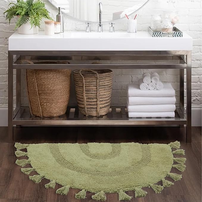 Half Circle Boho Bathroom Rugs with Tassels 100% Cotton Hand-Woven Bath Mat Non Slip Absorbent Bath Rugs with Rug Pad Washable Boho Bath Mat Carpet for Tub, Shower 20"x32",Sage Green