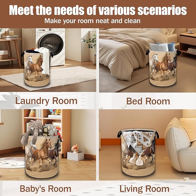 Horses Gallop Laundry Baskets,Laundry Hamper,Storage Basket with Handles for Bathroom Bedroom College Dormitory Living Room Nursery Organizer 16"x20.8"