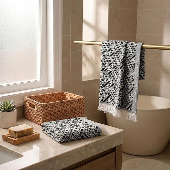 4-Pack Cotton Bathroom Hand Towels – Boho Hand Towel Set with Luxury Jacquard Weave & Fringe Decor, 13"x29"Absorbent Soft Face Set for Kitchen, Bathroom, Guest Tea Gift, Hotel, Farmhouse (Brown,White)