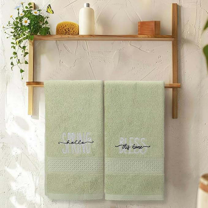 2 Pcs Hello Spring Hand Towels Gray Green Bathroom Decor 14x29 Inch 100% Cotton Soft Absorbent Bless This Home Embroidered Decorative Hand Towels for Bathroom Kitchen Housewarming Gifts
