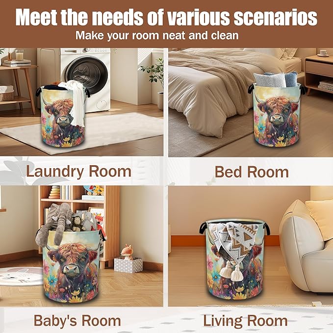 Highland Cow Laundry Basket,Spring Flowers Watercolor Laundry Hamper Waterproof Oxford Cloth Tote Collapsible,Clothes Storage Bucket Decorative Toy Organizer For Bathroom Bedroom 16" x 20.8"