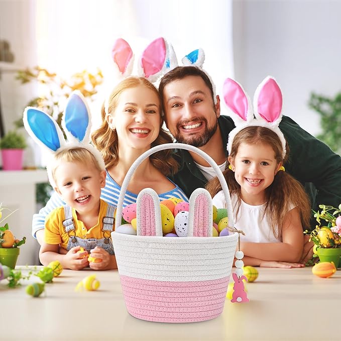 Easter Baskets for Kids, Pink Small Woven Rope Bunny Personalized Easter Basket Empty with Handle, Basket Name Tag, Baby Egg Easter Baskets Gifts for Girls Boys Toddler Babies, 8.7" x 6.9" x 6.3"