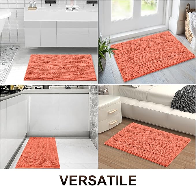 Grandaily Chenille Striped Bathroom Rugs 30x20, Extra Thick and Absorbent Bath Mats, Non-Slip Soft Plush Shaggy Shower Carpet, Machine Wash Dry, Bath Rug for Bathroom, (Medium, Coral Orange)