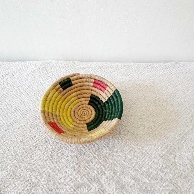 Mini African Basket- Kangati/Rwanda Basket/Raffia & Sweetgrass Woven Basket/Pink, Yellow, Green