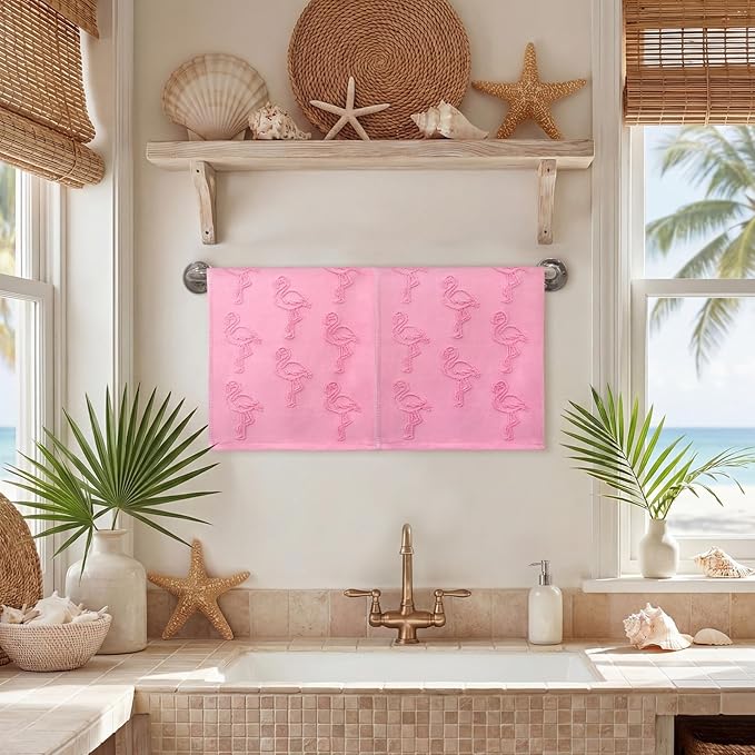 2 Pcs Flamingo Hand Towels for Bathroom 100% Cotton Jacquard Weave Hand Towels Pink Soft Absorbent Dish Washcloth for Bathroom Kitchen Tropical Summer Theme Gifts, 29.5 x 13.8 Inch