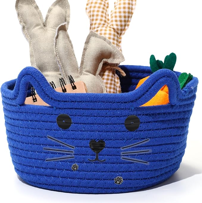 Zopeal Cat Basket Storage Woven Organizer with Ears Christmas Decorative Pet Toy Cute Cotton Rope Basket for Gift Cat Dog Toy Bin Nursery Room(8.3 x 4.7 Inch,Royal Blue)