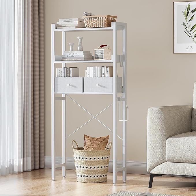 Housolution Over The Toilet Storage with 2 Drawers, 3 Tier Over Toilet Bathroom Organizer with Height Adjustable Shelves and Hooks, Space Saver Above Toilet for Bathroom/Restroom/Laundry, White