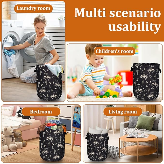 Western Cowboy Element Laundry Basket with Sturdy Handles, Collapsible Oxford Cloth Laundry Hamper Organizer Basket for Bathroom Bedroom 15.7x20 Inch