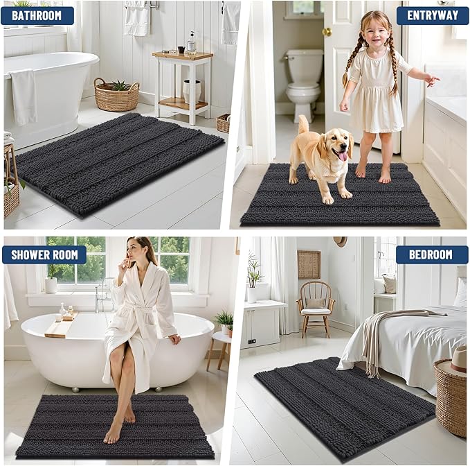 Grandaily Chenille Striped Bathroom Rugs 30x20, Extra Thick and Soft Absorbent Bath Mats, Rubber Backing, Plush Shaggy Shower Carpet, Machine Wash Dry, Bath Rug for Bathroom, Charcoal
