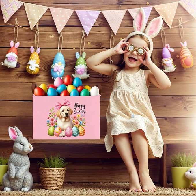 Large Cute Easter Basket for Kid Empty Gift Baby Rectangle Storage Bin Bunny Eggs Boy&Girl Room Décor (Pink Dog)
