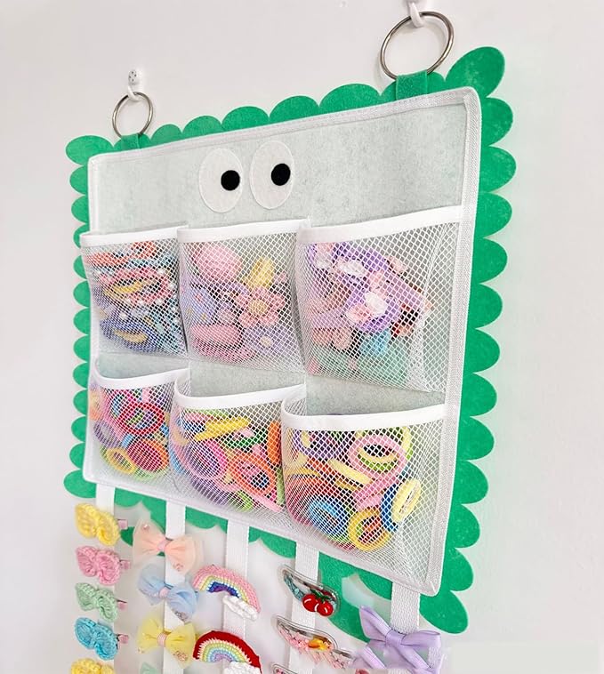 Hanging Hair Clip Organizer with Multiple Storage Pockets, Hair Bow Holder for Girls, Barrettes and Scrunchies Storage Solution, Hair Accessories Organizer (Green)