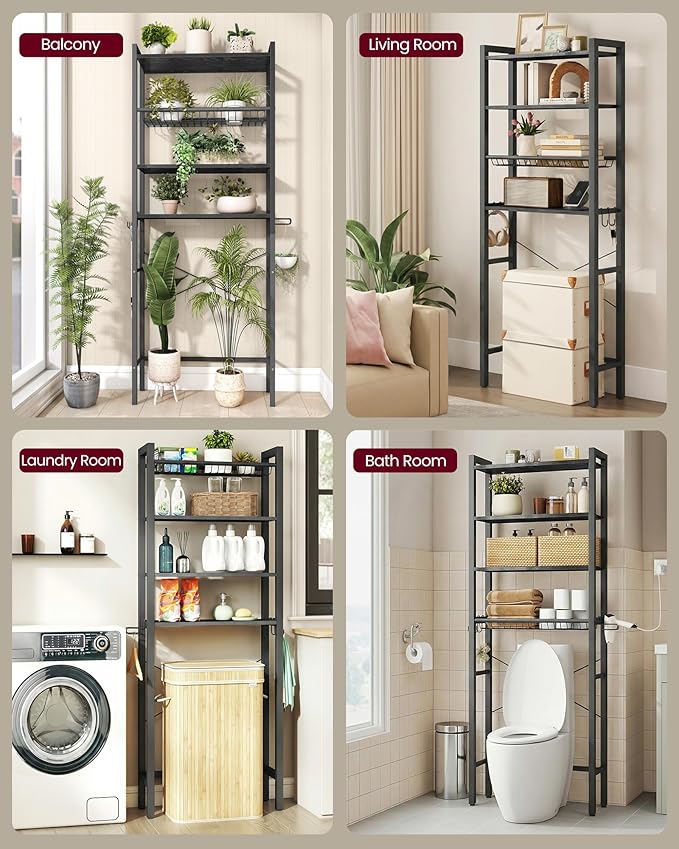 VASAGLE Over The Toilet Storage, Over Toilet Bathroom Organizer with Adjustable Shelves and Basket, 3 Hooks, Space Saving, 9.4 x 23.6 x 68.1 Inches, Ebony Black UBTS114BE01S
