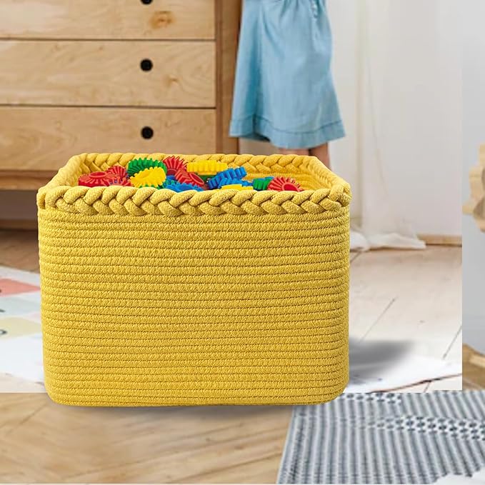 COMFY-HOMI Square Woven Cotton Rope Basket for Organizing, Gift Baskets for Handles, Empty Gift Baskets, Toy Basket for bins|13.5" x 11" x 9.5" home decor for Living Room, Bathroom