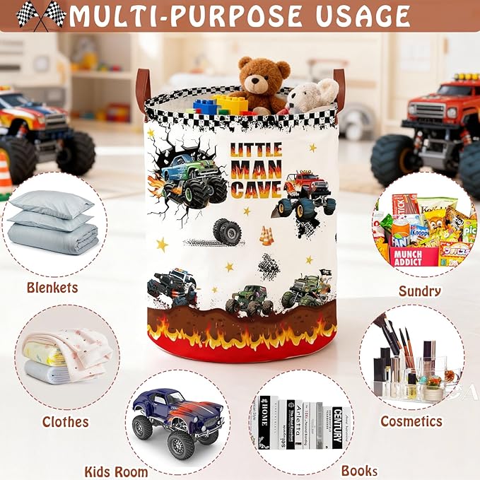 Monster Trucks Laundry Hamper,Car Room Decor Storage Basket,Kid Valentine's Day Gift Toy Bin Nursery Hamper, Collapsible Clothes Book Organizer Bin for Boy (Round)