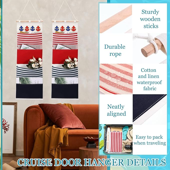 Fish Extender Cruise Gift Hanging Organizer with 4 Pockets and Iron on Anchor Patch Cabin Door Storage Bag 2026 Fe for Cruise Essentials Exchange Gift Pixie Dusting(Red, Blue)