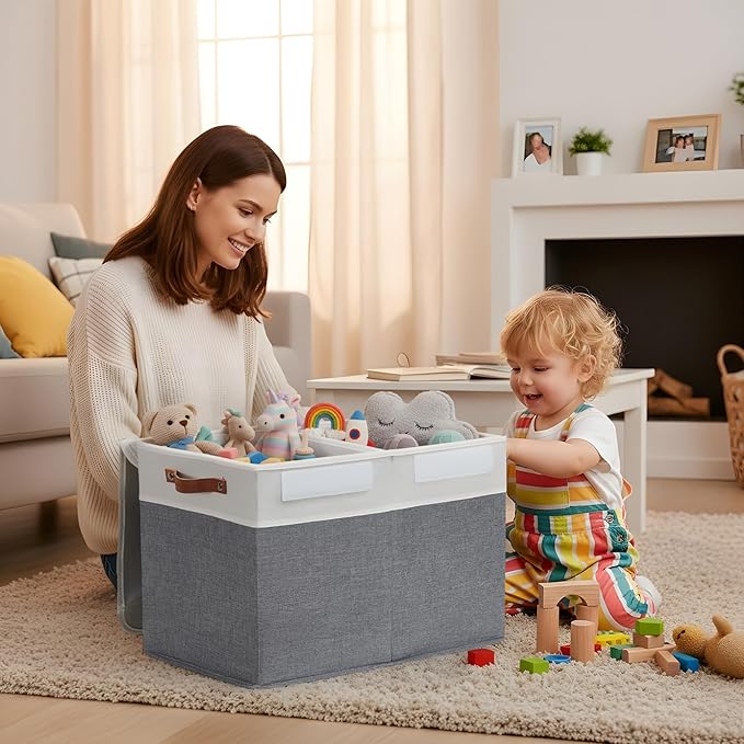 DECOMOMO Large Toy Storage Box with Lid - 25" x 12" x 16" Toy Chest Storage Bin with Divider for Kids, Nursery, Playroom (Grey & White)