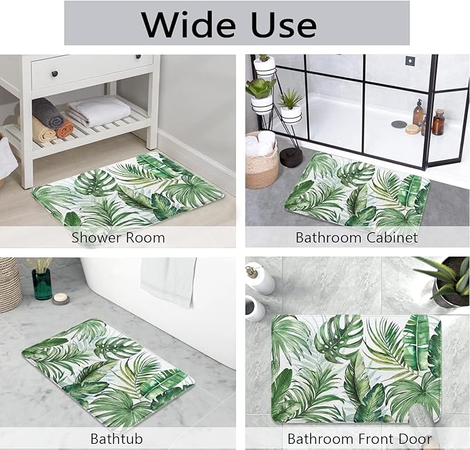 Green Leaf Plant Imitation Cashmere Bathroom Mat Rug - Rubber Non-Slip Absorbent Soft Bathroom Rugs for Bathtub Shower Sinks (17" W x 27" L)