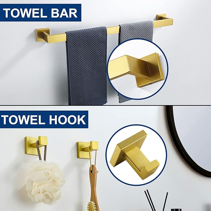 5 Pieces Bathroom Hardware Accessories Set Brushed Gold, 24Inch Bathroom Towel Rack Set SUS304 Stainless Steel, Square Toilet Paper Holder with Shelf Heavy Duty, Wall Mounted