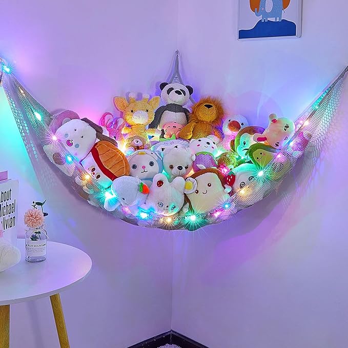 Unicorn Castle Stuffed Animals Net or Hammock Kids Toy Storage Organizer with LED Light Hanging Corner Stuffed Animals Holder Kids Girls Room Decor,Grey,Large (Pack of 1)