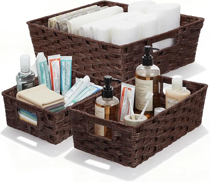 Set of 3 Large Wicker Storage Baskets for Shelves, Wicker Basket for Organizing, Waterproof Woven Baskets for Shelves and Pantry, Toilet, Bathroom, Bedroom, Patio(Brown)
