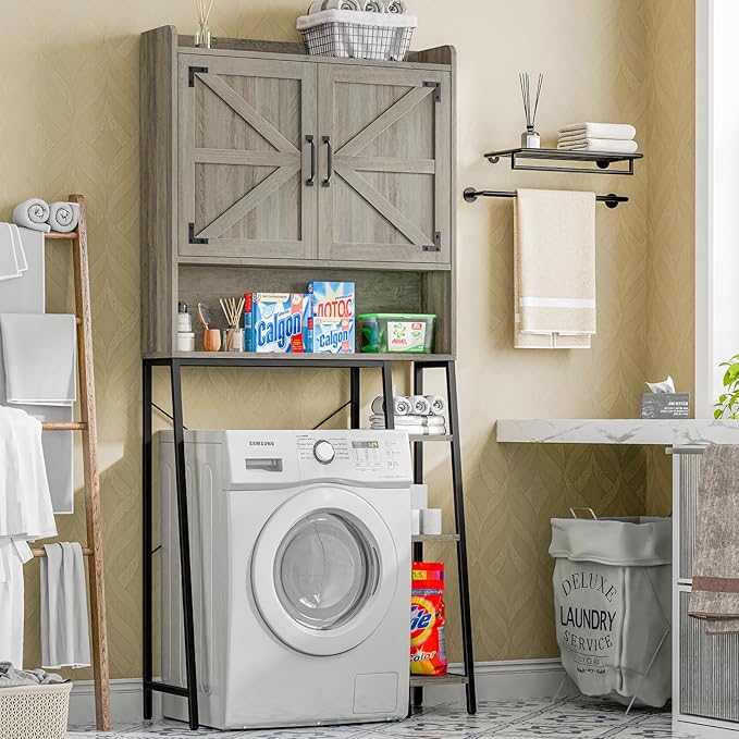 Vabches Over The Toilet Storage Cabinet, Farmhouse Storage Cabinet Over Toilet with 2 Barn Door & Toilet Paper Holder Stand,Home Space-Saving Toilet Rack, for Bathroom, Restroom, Laundry