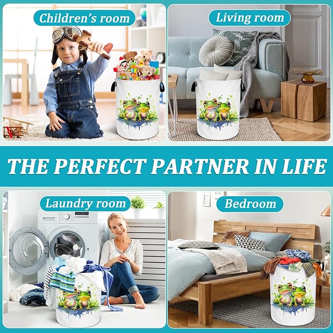 Watercolor Frog Laundry Basket, Foldable Waterproof Oxford Cloth Laundry Hamper Funny Tote Bag Dirty Clothes Storage Bucket Toy Organizer for Bathroom/Laundry/Bedroom 15.7"x19.6"