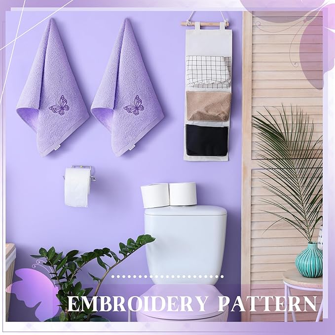 2 Pcs Butterfly Hand Towels Light Purple Bathroom Decor 14x29 Inch Embroidered 100% Cotton Soft Absorbent Spring Summer Washcloths Decorative Hand Towels for Bathroom Kitchen