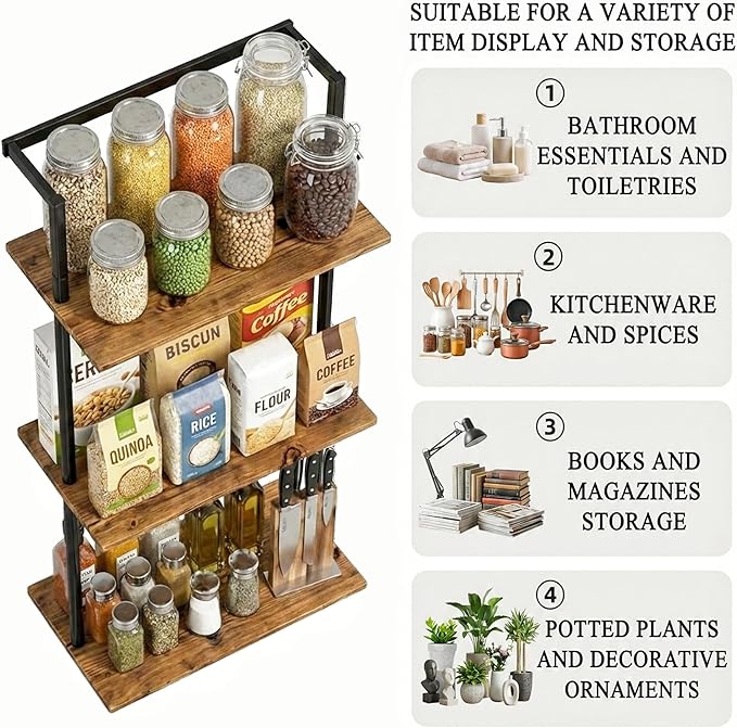3-Tier Over The Toilet Storage Rack, Metal Wood Wall Mounted Floating Shelves for Bathroom Living Room Office, Rustic Brown