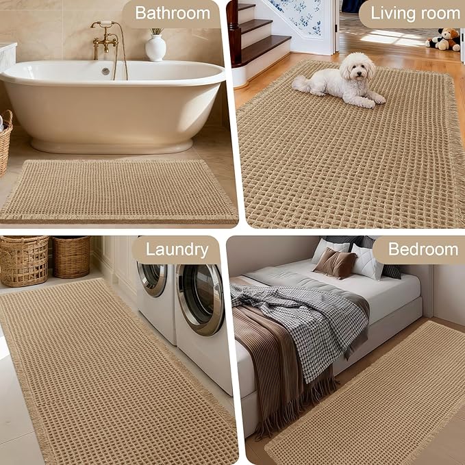 Accumtek Extra Large Waffle Bath Mat, 6'x2' Beige, Super Absorbent Non-Slip Quick Dry Bathroom Rugs with Tassels, Machine Washable Ultra Soft Boho Bath Rugs for Floor, Toilet Mats Boho Farmhouse Decor