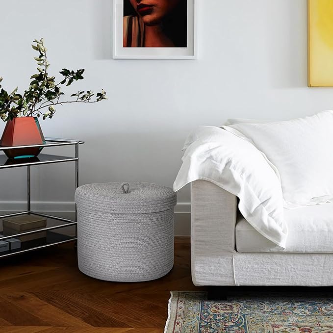 Gray Basket with Lid, 15” x 13” Woven Storage Basket for Blankets, Toys, Pillows, Towels, Living Room Bedroom Storage Bin, Round Rope Basket with Lid, Wicker Baskets for Organizing