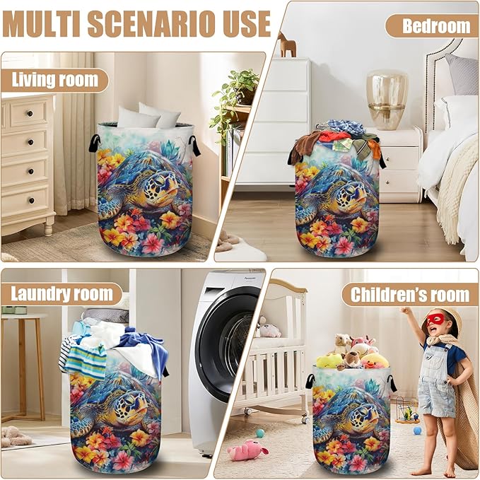 Sea Turtle Laundry Basket, Foldable Colorful Floral Laundry Hamper Tote Bag Dirty Clothes Storage Bucket Toy Organizer for Bathroom/Laundry/Bedroom 15.7"x19.6"