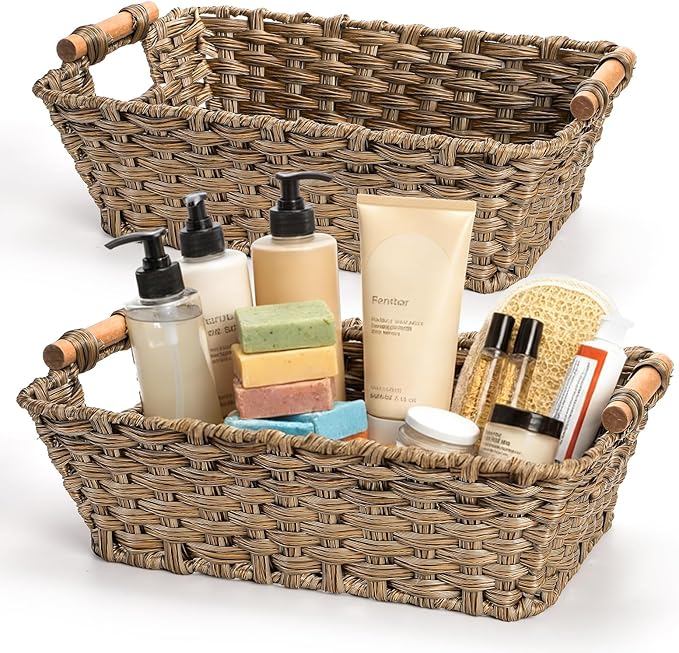 2 Pack Brown Wicker Storage Basket, Metal Frame Hand Woven Organizer Bin with Handle, 14.6" L x 10.7" W x 5" H Waterproof Rattan Laundry Organizer Totes for Pantry, Living Room, Bathroom