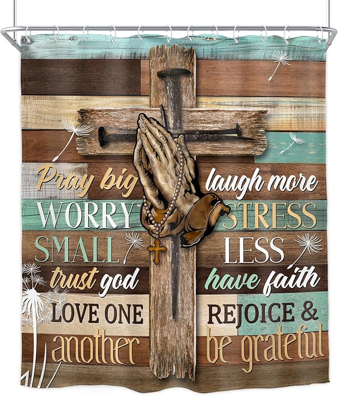 Homewelle Farmhouse Bible Verse Shower Curtain Christian Retro Rustic Wooden Prayer Scripture Inspirational Quotes 60Wx72H Inch Wood Cross Dandelion Flower Waterproof Polyester Fabric Bathroom Bathtub