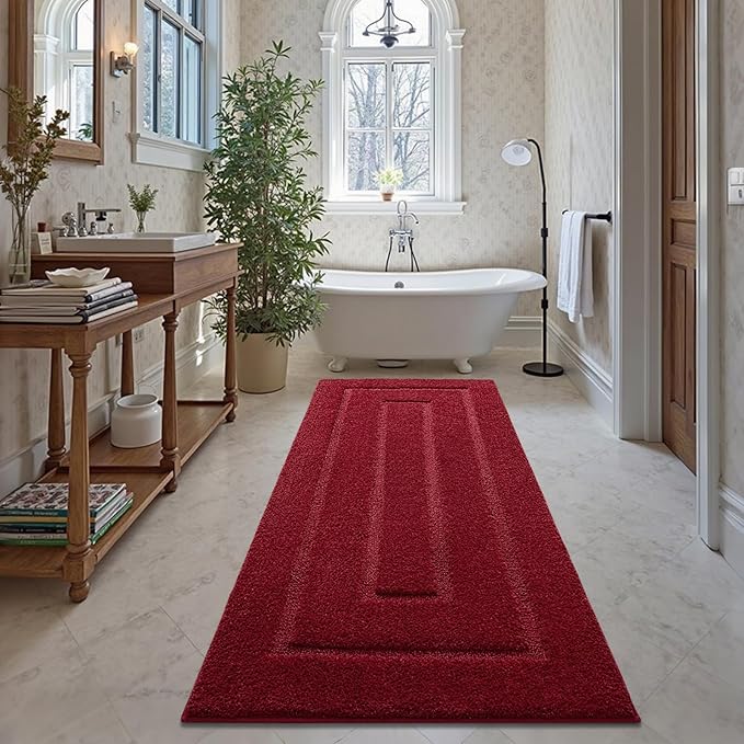 HOMORE Bathroom Runner Rug 24x70 Inch, Soft and Absorbent Bath Runner Rug, TPR Backing Non Slip Bath Mat, Washable Plush Bath Rugs for Bathroom Floor Shower Tub Sink Christmas Decor, Wine Red
