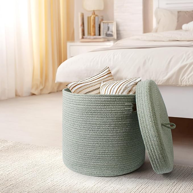 Storage Basket with Lid, Woven Blanket Storage for Living Room, Cotton Rope Bin with Lid, Round Wicker Laundry Basket with Cover, Lidded Kid Dog Toy Box, Nursery Organizer, 15"x13", Green