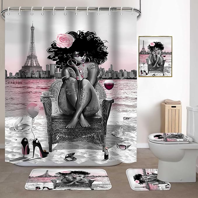 5Pcs Girly Shower Curtain Set with Rugs and Wall Painting, Pink and Black African American Shower Curtain Set, Parisian Style Modern Wall Decor, Bathroom Accessory Set