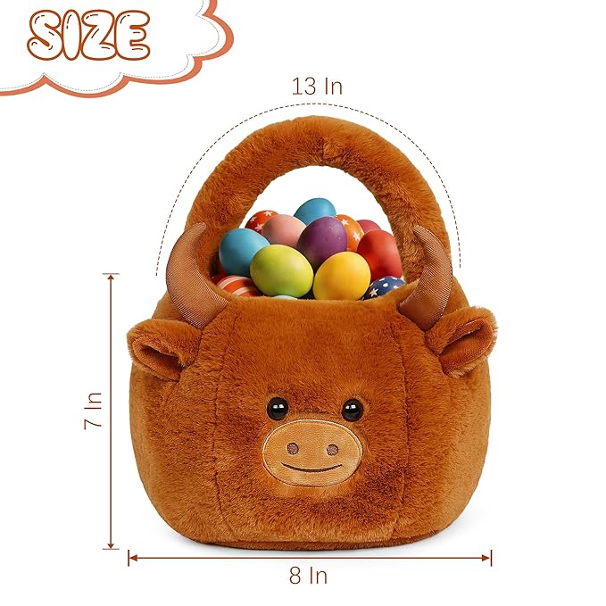 Easter Basket, Easter Baskets for Kids, Highland Cow Baskets with Handle for Gifts Empty, Bunny Egg Hunting, Basket Stuffers Essentials