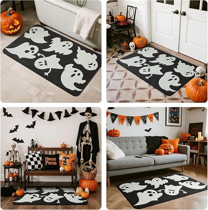 Halloween Bath Mat, Thin Halloween Bathroom Rug Non Slip Quick Dry Ghost Bath Mat Fits Under Door Thin Floor Mat Halloween Decor, 17''x30'', Ghosts Black