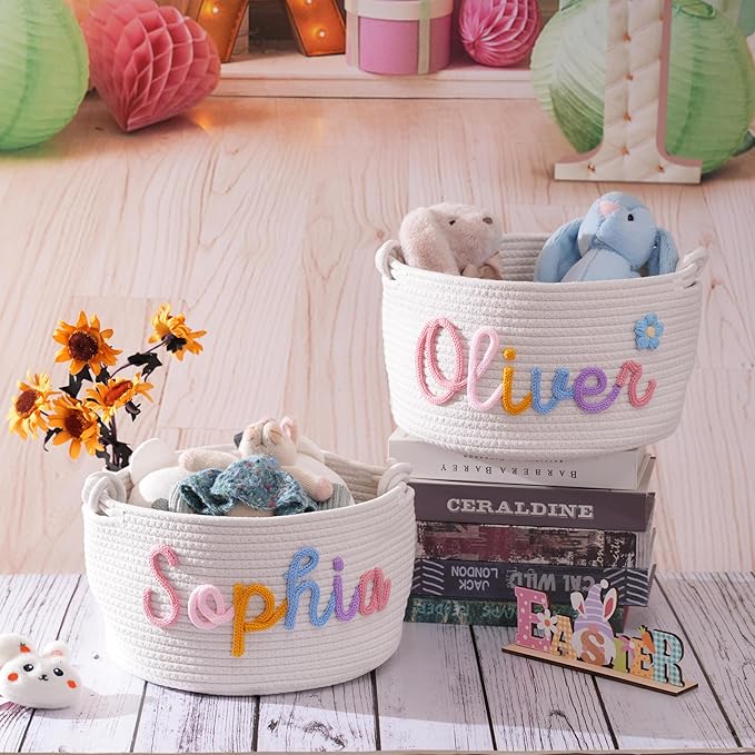 JUPPE Custom Baby Shower Basket, Personzlized Basket with Baby Name, Baby Boy Girl Storage Organizer Cotton Rope Nursery Decor Newborn Gift (style 1) (Mixing Colors)