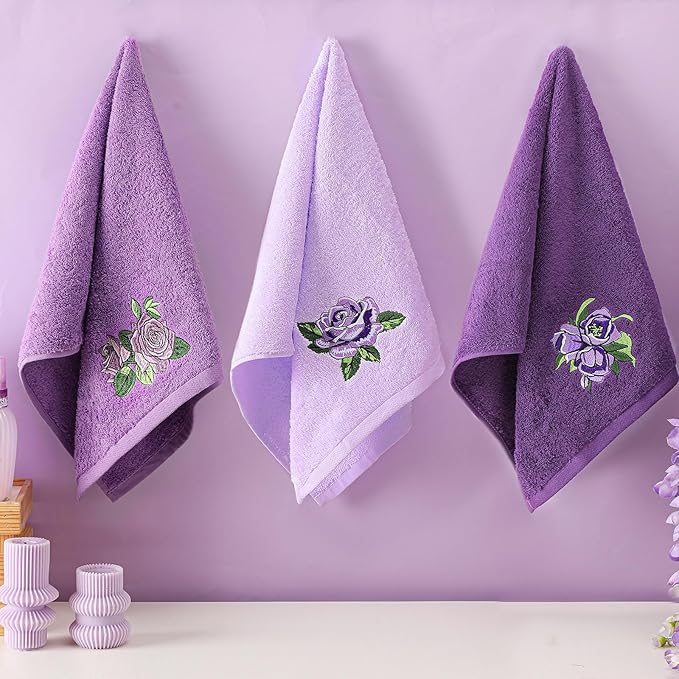 3 Pcs Purple Rose Hand Towels Lavender Purple Bathroom Decor Embroidered Floral Farmhouse Decorative Towels for Bathroom Kitchen Decor, 100% Cotton, 13. 3 x 29. 5''