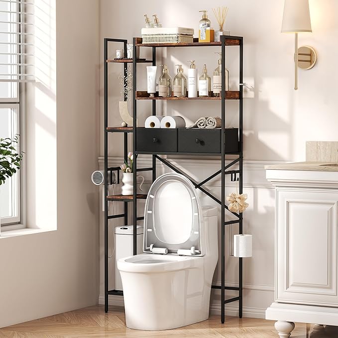 Over The Toilet Storage Shelf with Drawer, 7-Tier Above Toilet Bathroom Organizer with 4 Adjustable Side Shelves, Space Saver Freestanding Rack with Holder & Hook for Laundry Kitchen (Brown)