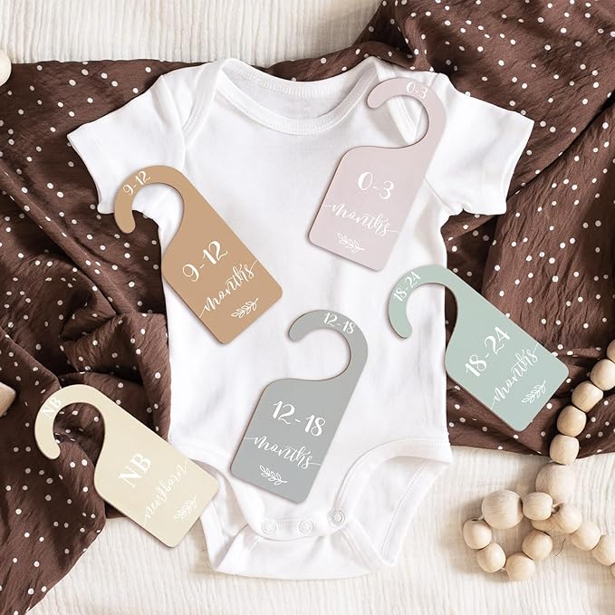 Whaline 7Pcs Terrazzo Wood Baby Closet Size Dividers with White Velvet Bag Newborn to 24 Month Thicken Infant Wardrobe Hanger Organizers for Home Nursery Party Supplies