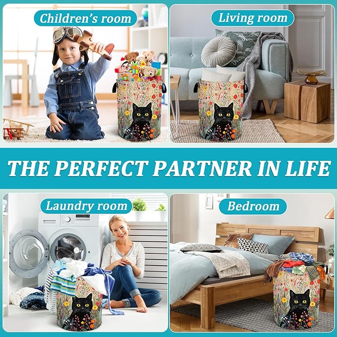 Black Cat Laundry Basket, Flower Floral Laundry Hamper Foldable Waterproof Tote Bag Dirty Clothes Storage Bucket Toy Organizer for Bathroom/Laundry/Bedroom 15.7"x19.6"