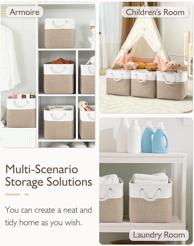11 Inch Cube Storage Bins, 4 Pack Fabric Storage Cubes with Rope Handles, Organizer Baskets for Closet Shelves, Clothes and Home Organization(White/Khaki)