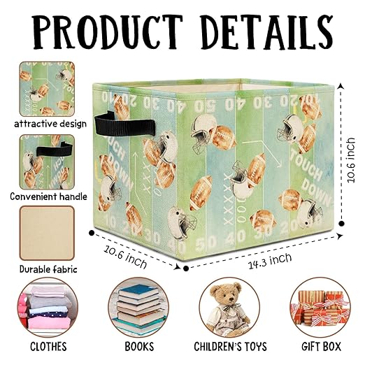 Football Storage Bins Box with Handles, Gifts for Football Players Lovers, Sports Field Laundry Basket Hamper Collapsible Clothes Toys Organizer for Kids Boys Bedroom Playroom