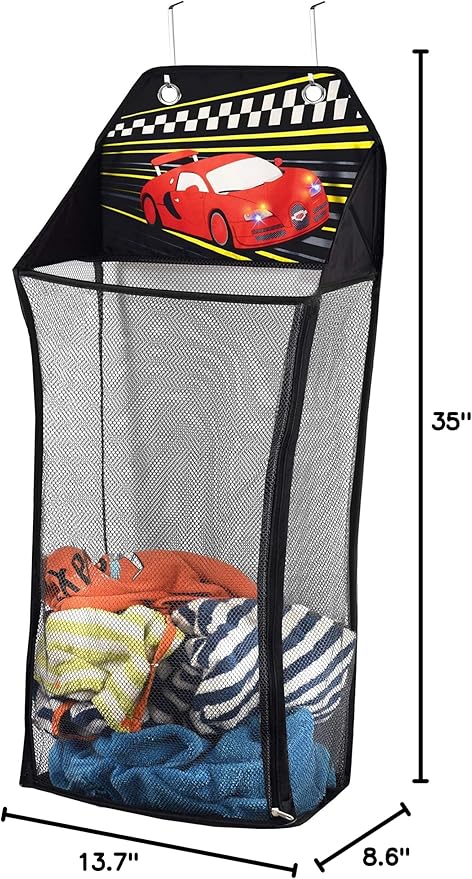 Store&Score Over The Door Hanging Kids Fun LED Race Car Light-Up Collapsible Mesh Laundry Hamper, Toy Chest, Metal Hooks Included
