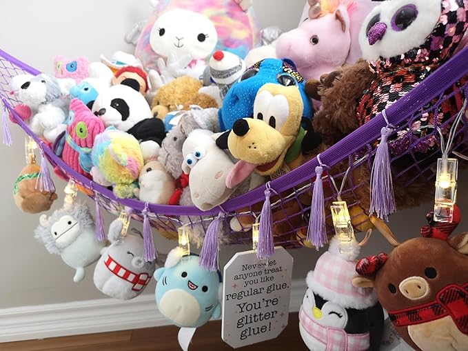 MiniOwls Storage Hammock Stuffed Toys Organizer - Fits 30-40 Plush Animals. Great Gift for Boys and Girls. Instead of Bins and Toy Chest – Displays Teddies Easily. (Purple, X-Large)
