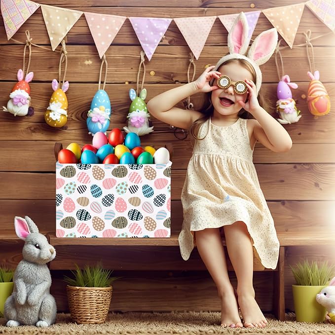 Large Cute Easter Basket for Kid Empty Gift Baby Rectangle Storage Bin Bunny Eggs Boy&Girl Room Décor (Retro Art Easter Egg)