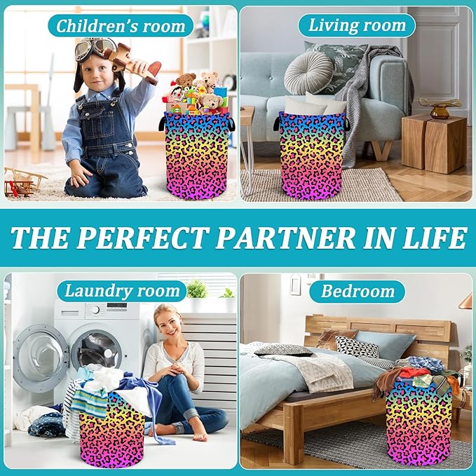CoLorful Leopard Rainbow Laundry Basket, Foldable Waterproof Oxford Cloth Laundry Hamper Funny Tote Bag Dirty Clothes Storage Bucket Toy Organizer for Bathroom/Laundry/Bedroom 15.7"x19.6"
